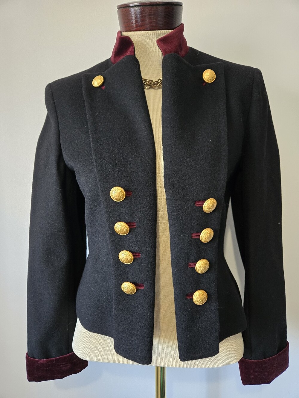 MONDI vintage Cashmere And Wool Military-Style Blazer with Burgundy Velevet trim